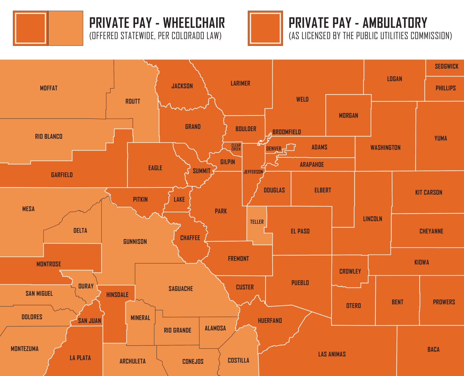 A map showing the MedRide Private Pay transportation coverage areas. Call 719-545-3333 for more info!