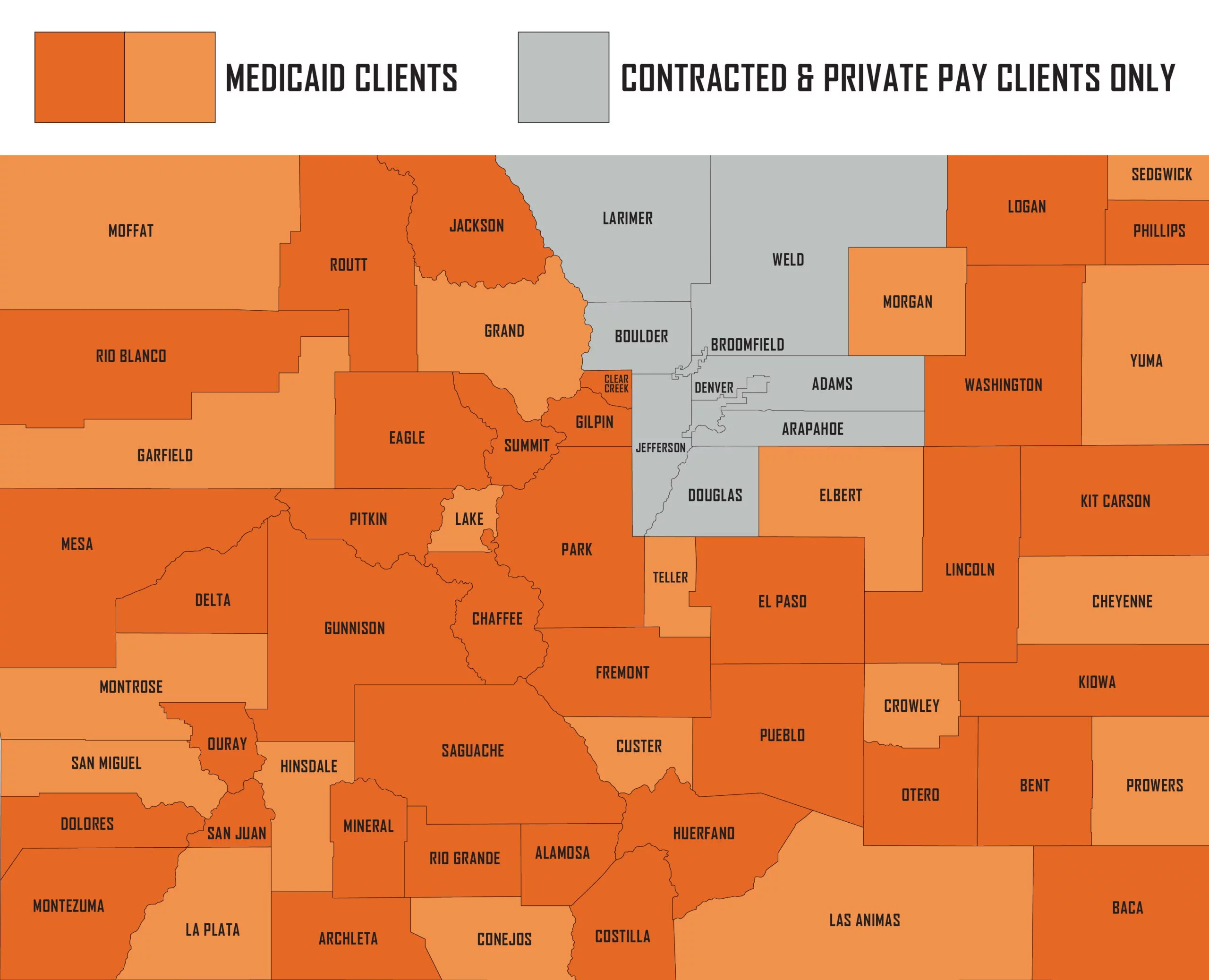 MedRide service area map showing Medicaid and private pay non-emergency medical transportation coverage across Colorado counties.