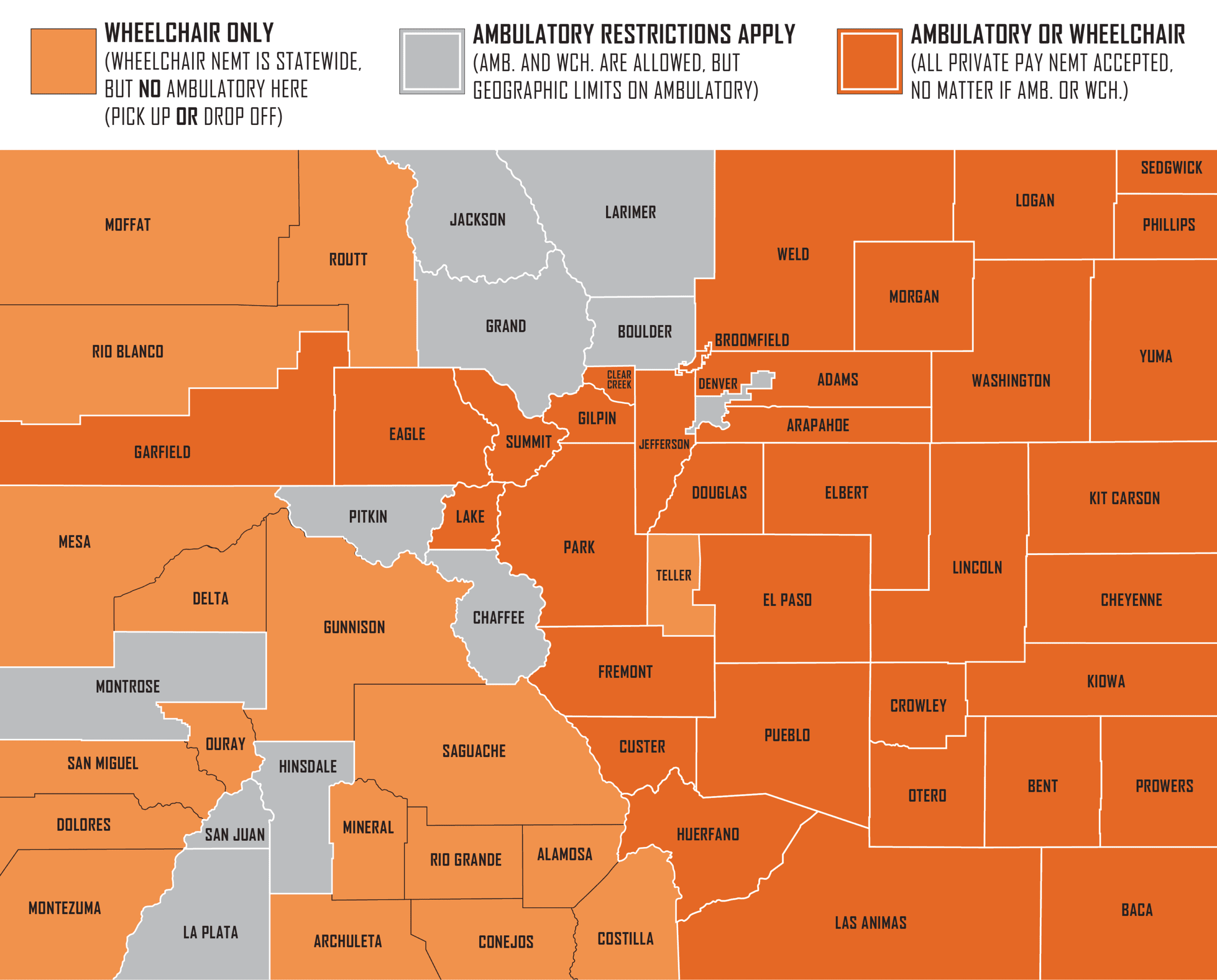 Detailed MedRide service map showing Colorado county coverage for ambulatory and wheelchair-only non-emergency medical transportation.
