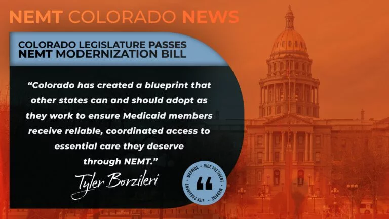CO State Capitol building with text: HB26-1328 Colorado NEMT Modernization Bill Signed Into Law