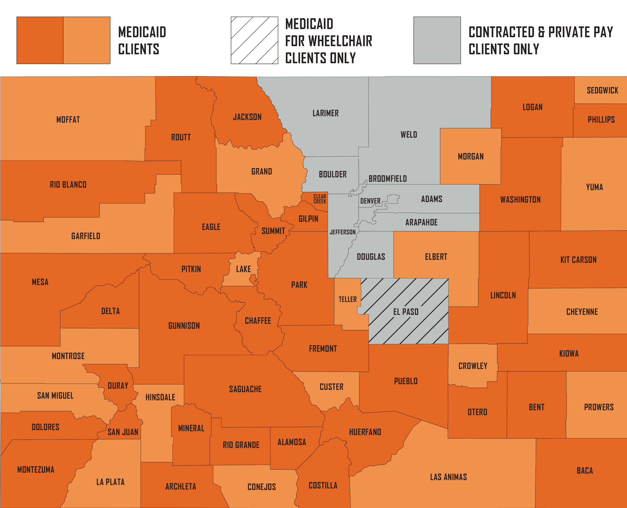 MedRide service area map showing Medicaid non-emergency medical transportation coverage in Colorado
